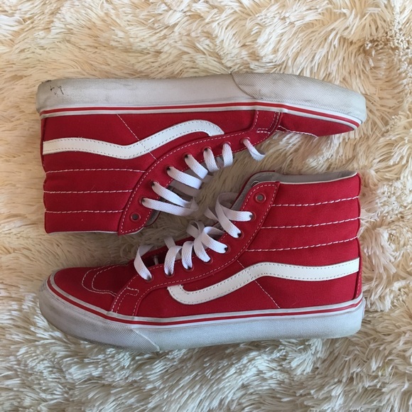 red sk8 hi vans on feet